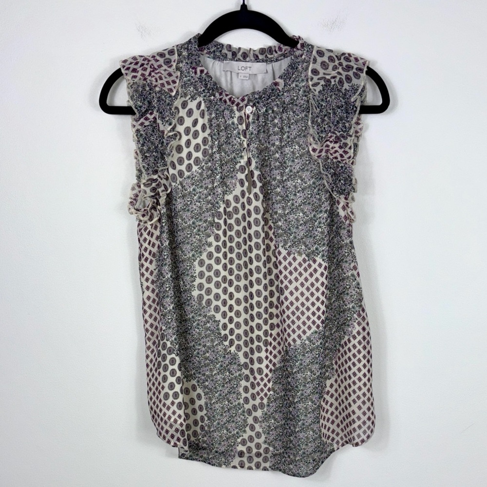 Loft Sleeveless Blouse Top Printed Women’s Size Small Paisley Cream Purple